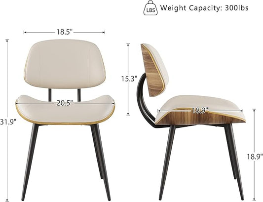 Mid Century Modern Dining Chairs Set of 2, PU Leather Armless Kitchen Chairs with Walnut Bentwood Back & Metal Legs, Sturdy Retro Accent Chairs for Dining Room, Living Room, Beige