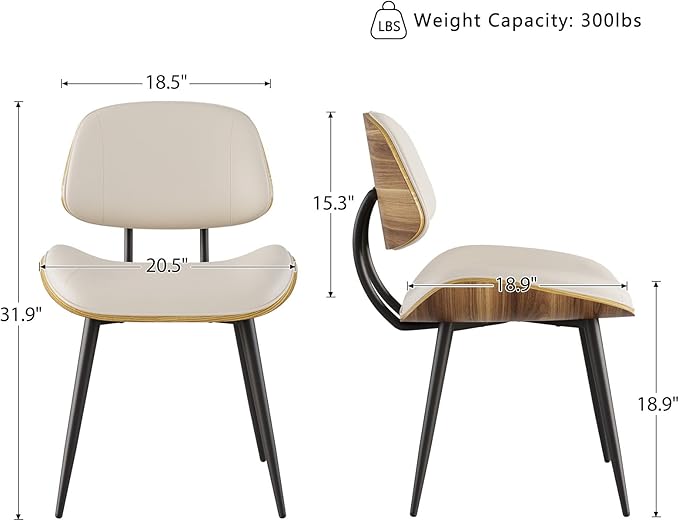 Mid Century Modern Dining Chairs Set of 4, PU Leather Armless Kitchen Chairs with Walnut Bentwood Back & Metal Legs, Sturdy Retro Accent Chairs for Dining Room, Living Room, Beige