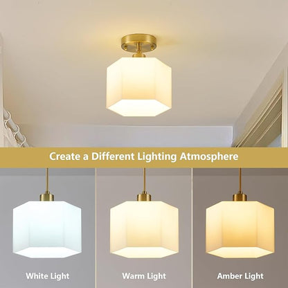XSDeTu 1 Pack Milk Glass Pendant Lights Kitchen Island, Modern Gold Hanging Light Fixture, Mid-Century Hexagonal Ceiling Lamp, Mini Farmhouse Chandelier for Dining Room Sink Bathroom Bedroom Hallway