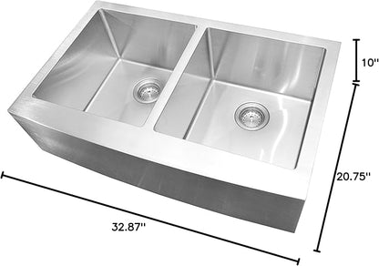 MSI 33 inch Undermount 50/50 Double Bowl Farmhouse Apron Stainless Steel Kitchen Sink and Strainer, 16 Gauge