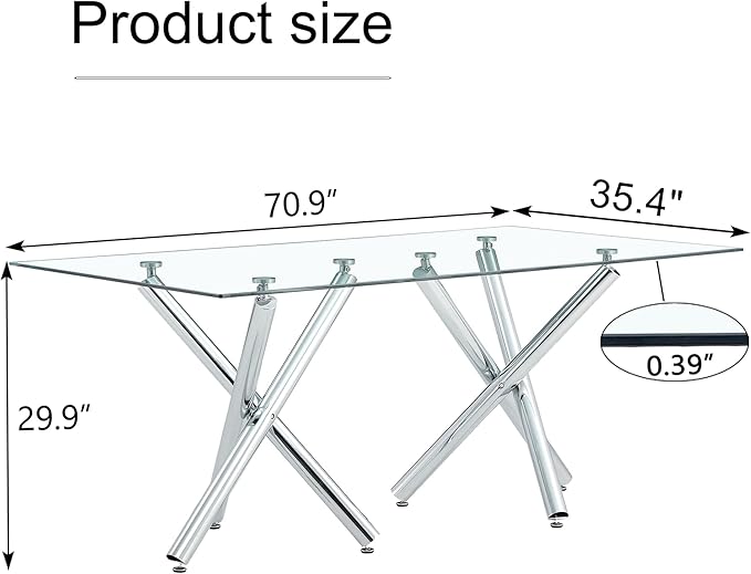 71” Rectangle Dining Table, Large Modern Dining Table for 6–8 People with 0.4" Thickened Tempered Glass Top, Glass Kitchen Table with Silver Metal Legs for Dining Room