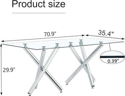 71” Rectangle Dining Table, Large Modern Dining Table for 6–8 People with 0.4" Thickened Tempered Glass Top, Glass Kitchen Table with Silver Metal Legs for Dining Room
