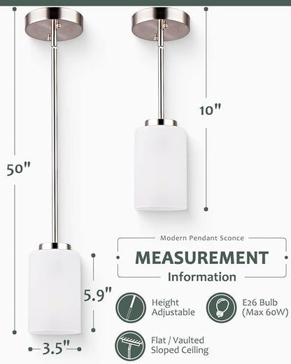 1-Light Mini Pendant Light Fixtures, Industrial Chandelier Hanging Ceiling Light with Opal White Shades, Adjustable Height, Brushed Nickel Pendant Lighting for Kitchen Bedroom Hallway, 2 Pack
