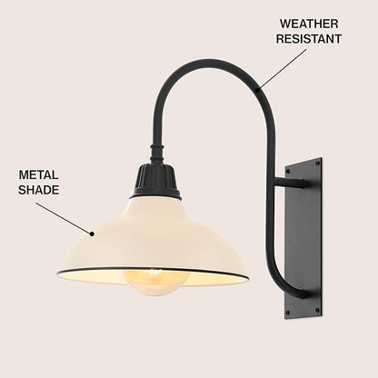 JONATHAN Y 12.25" Matte Almond/Black 1-Light Farmhouse Gooseneck Outdoor Wall Sconce Lamp, with Black Metal Bowl Shade, Industrial Iron LED Porch Light for Patio Garage Entryway (JYL7614J)