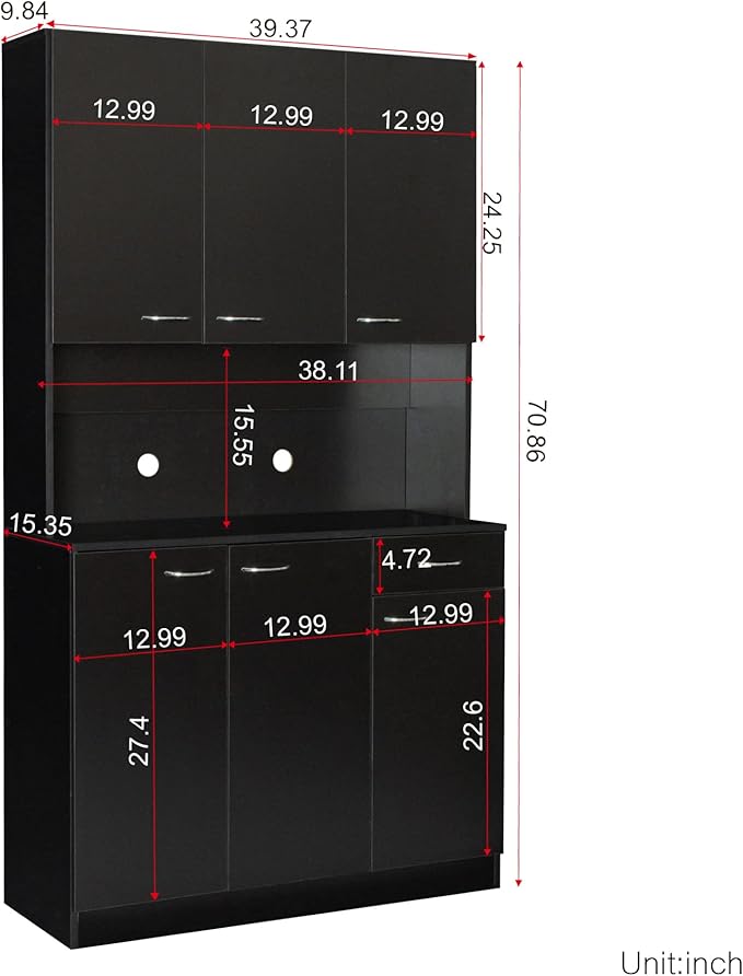 71" Tall Kitchen Pantry Cabinet,Sideboard Buffet Cabinet with 6 Doors and Shelves,Kitchen Island with Microwave Stand,Kitchen Hutch Storage Cabinet with 1 Drawer for Kitchen,Kitchen Cabinet (Black)