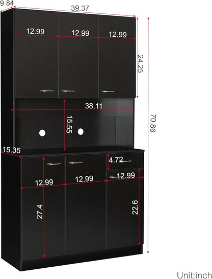 71" Tall Kitchen Pantry Cabinet,Sideboard Buffet Cabinet with 6 Doors and Shelves,Kitchen Island with Microwave Stand,Kitchen Hutch Storage Cabinet with 1 Drawer for Kitchen,Kitchen Cabinet (Black)