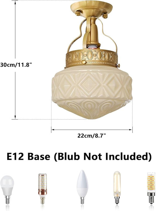 KCO Lighting Brass Globe Flush Mount Ceiling Light Mid Century Modern Entryway Light Fixture Fluted Yellow Glass Semi Flush Mount Ceiling Light Retro Gold Ceiling Lighting