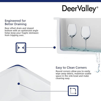 DeerValley Farmhouse Kitchen Sink 24 inch, White Fireclay Undermount Farm Sinks, Single Bowl Deep Drop-in Undermount Sink with Grid & Basket Strainer, Easy to Clean