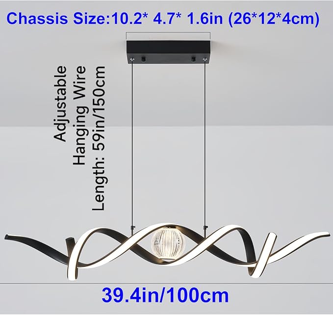 ORANOOR Modern LED Pendant Lights, Dimmable 39'' Spiral Wave LED Chandelier Lighting, Linear Swivel Black Dining Room Hanging Light Fixtures Kitchen Island Pendant Light for Dining Table (2340lm)