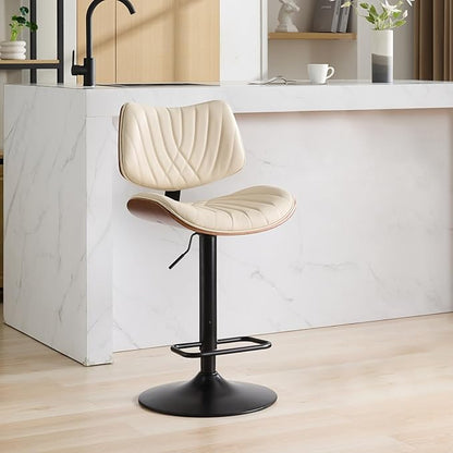 Walnut Bentwood Bar Stools Mid Century Modern Adjustable Counter Height Black Leather Upholstered 360°Swivel Bar Chairs for Kitchen Island,Dining Room,Cafe, 1 Chair,1carton,Beige