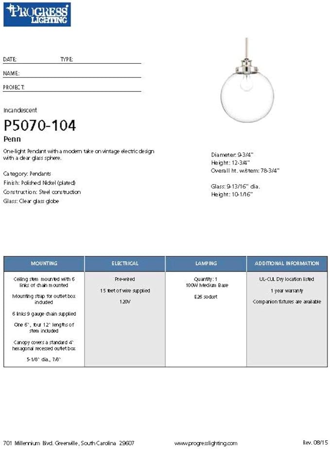 Progress Lighting 1-Light Clear Glass Farmhouse Pendant Light, Penn Collection, Indoor, P5070-104, Polished Nickel
