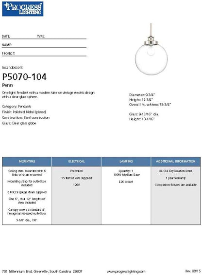Progress Lighting 1-Light Clear Glass Farmhouse Pendant Light, Penn Collection, Indoor, P5070-104, Polished Nickel