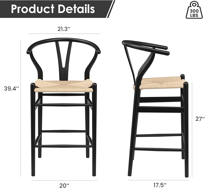 Modern Dining Chairs with Natural Weave Seat - Sturdy Construction Bar Stools for Kitchen Island, Versatile Use in Dining Room and Bedroom, Stylish Simple Design Comfortable Fully Assembled,Beige-Pape