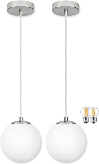 KoKo&Yukina 6 Inch Globe Pendant Light Nickel Globe Pendant Lights Kitchen Island Mid Century Light Fixture with Milky White Glass Shade for Dining Room (2 Pack)