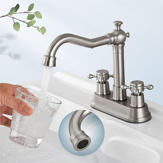 Aolemi 4 Inch Centerset Bathroom Sink Faucet Vintage 2 Cross Handle RV Mixer Tap Basin Vanity Lavatory Utility for Sink 3 Hole Include Hoses Pop Up Drain Faucet Handle Without Label Brushed Nickel