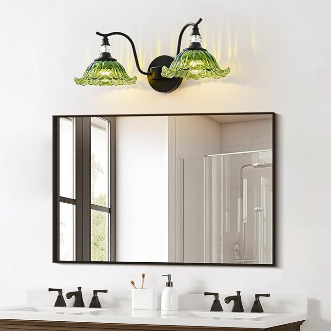 Vintage Bathroom Vanity Light Fixtures - 2 Light Antique Matte Black Bathroom Lights Fixture Over Mirror with Green Flower Glass,Retro High End Wall-Mounted Vanity Lighting for Bath Powder Room