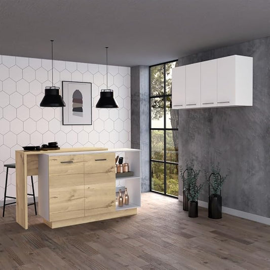 GOWE White and Light Oak 4-Shelf 6-Door 2-Piece Kitchen Set, Kitchen Island and Upper Wall Cabinet
