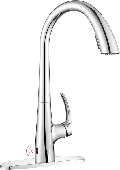 Chrome Kitchen Faucet with Pull Down Sprayer Single Hole, Motion Sensor Touchless Single Handle Kitchen Sink Faucet, Stainless Steel Hand Free Sink Faucet for Kitchen 1 or 3 Hole