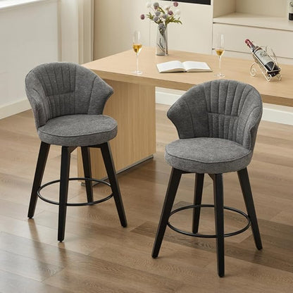Set of 2 Counter Height Swivel Bar Stools, Chenille Upholstered Chairs with Wide Backrest for Bar, Kitchen Island, Dining Room, Dark Grey (Dark Grey + Chenille + Foam)