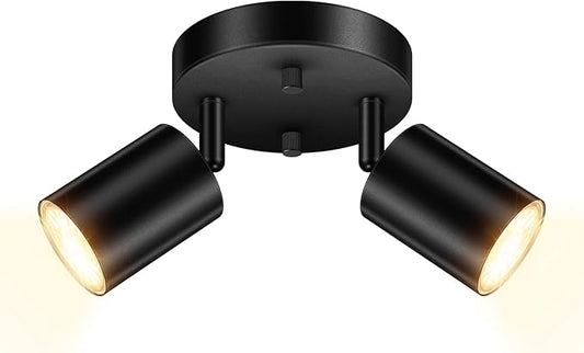 AUQUEE LED 2 Light Track Lighting Kit, LED Track Lighting Fixtures, Black Round Ceiling Spot Lighting, Flexibly Rotatable Light Head for Kitchen, Living Room, Bedroom, GU10 Bulb Not Included