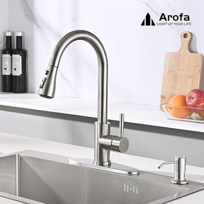 Arofa Kitchen Faucet with Soap Dispenser, Stainless Steel Kitchen Sink Faucet with Pull Down Sprayer 3 Mode Single Handle Gooseneck Pull Out Kitchen Faucet for 2/4 Hole, Brushed Nickel