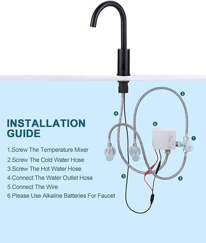 WOWOW Touchless Bathroom Faucet - Tall Automatic Bathroom Sink Faucet with Single Hole, Control Box and Temperature Mixer for Vanity with Deck Plate, Matte Black