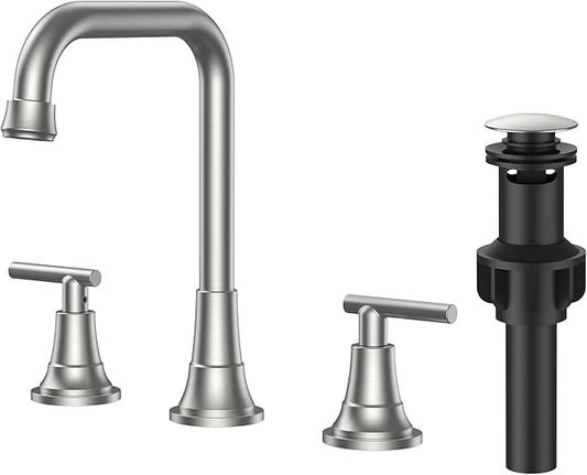 FORIOUS Brushed Nickel Bathroom Faucet 3 Hole with Dual Handles, 8 Inch Widespread Faucet for Bathroom Sink with Pop Up Drain Assembly and Water Suplly Hoses, RV Vantiy Farmhouse Ready