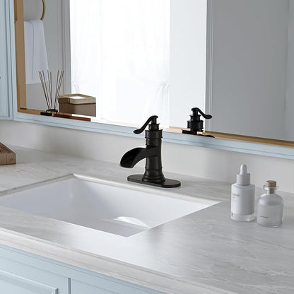 BWE Matte Black Waterfall Bathroom Sink Faucet 1 Hole or 3 Hole, Single Handle Bathroom Vanity Faucet with Pop-Up Drain and Water Supply Lines