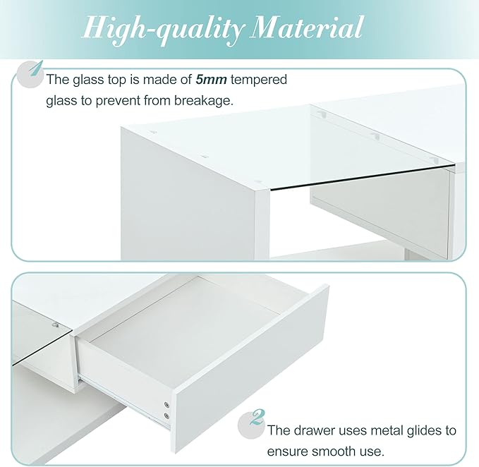 Modern Coffee Table with Tempered Glass, Wooden Cocktail Table with High-Gloss UV Surface, Modernist 2-Tier Rectangle Center Table for Living Room, White
