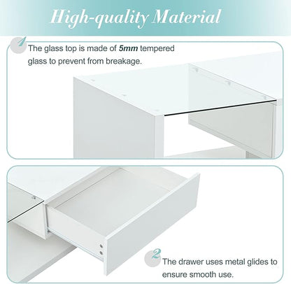 Modern Coffee Table with Tempered Glass, Wooden Cocktail Table with High-Gloss UV Surface, Modernist 2-Tier Rectangle Center Table for Living Room, White