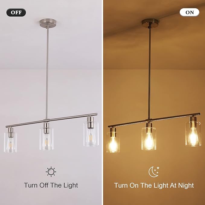 3-Light Modern Chandeliers, Brushed Nickel Kitchen Island Lighting Clear Glass Pendant Lighting Adjustable Height Linear Ceiling Hanging Light Fixture Pendant Light Dining Room Farmhouse