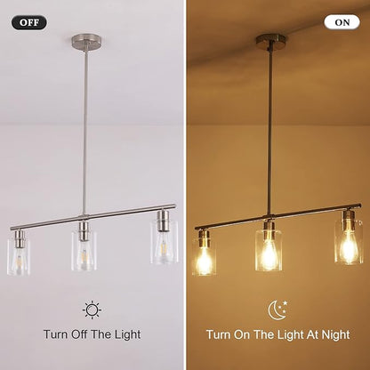 3-Light Modern Chandeliers, Brushed Nickel Kitchen Island Lighting Clear Glass Pendant Lighting Adjustable Height Linear Ceiling Hanging Light Fixture Pendant Light Dining Room Farmhouse