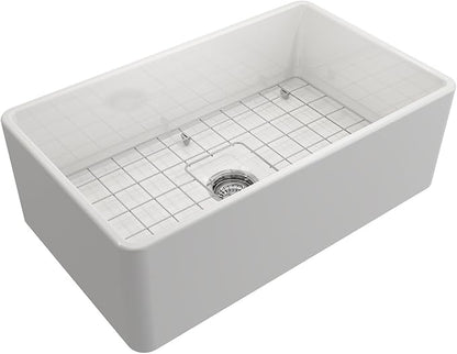BOCCHI Classico White Apron Front Fireclay 30 in. Single Bowl Kitchen Sink with Protective Bottom Grid, Strainer, and Chrome Faucet