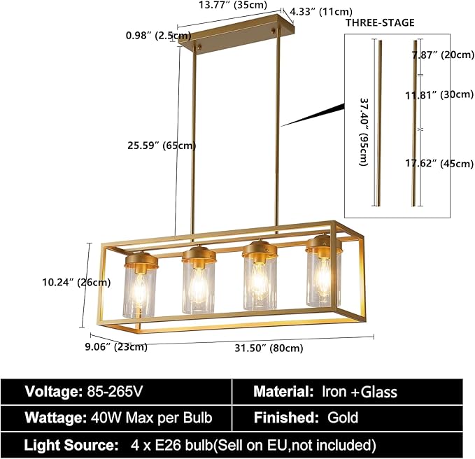 Gold Dining Room Light Fixture，Farmhouse Chandeliers for Dining Room，Rustic Rectangle Chandelier with Clear Glass Shade，Vintage Antique Linear Kitchen Island Light Fixtures