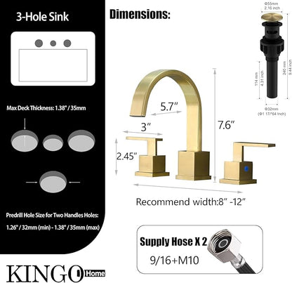 KINGO HOME Gold Bathroom Faucet, Brushed Gold Faucets Bathroom 3 Hole 8inch Widespread Waterfall 2 Handle Brass Faucets Bath Sink Vanity Faucet with Pop Up Drain and Supply Lines
