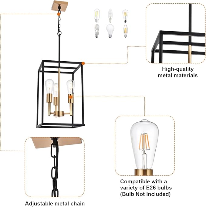 VINLUZ 3 Light Vintage Industrial Pendant Light, Lantern Cage Chandelier in Black and Brushed Brass Finish Classic Hanging Kitchen Lighting for Foyer Dining Room Kitchen Island, Bedroom