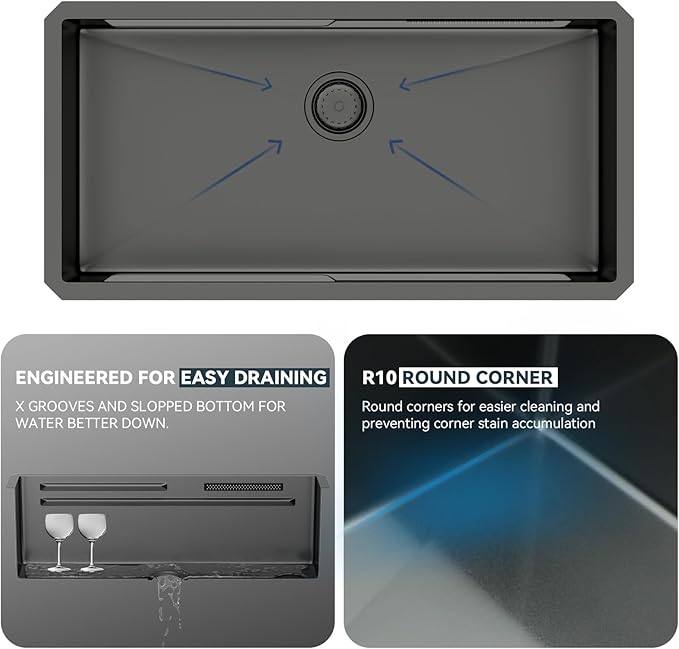 Lordear 33 Inch Gunmetal Black Kitchen Sink With Waterfall Faucet Undermount Kitchen Sinks Workstation Stainless Steel T304 16 Gauge Single Bowl NANO-PVD Handmade Under Counter 33x17x10 Inch
