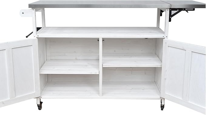 JIJIWANG 60.6" Mobile Kitchen Storage Island with Storage Cabinet and Towel Rack, Foldable Outdoor Kitchen Island with Stainless Steel Top and Lockable Wheels for Patio and Outdoor White