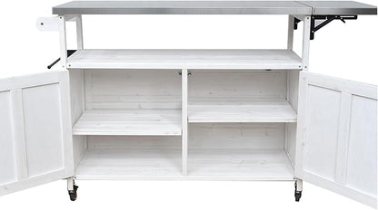 MERITLINE Foldable Outdoor Kitchen Island with Stainless Steel Top & Fir Wood Frame, Adjustable Hidden Shelf & Two-Tier Rack, Lockable Casters for Patio, Garden, Balcony, White