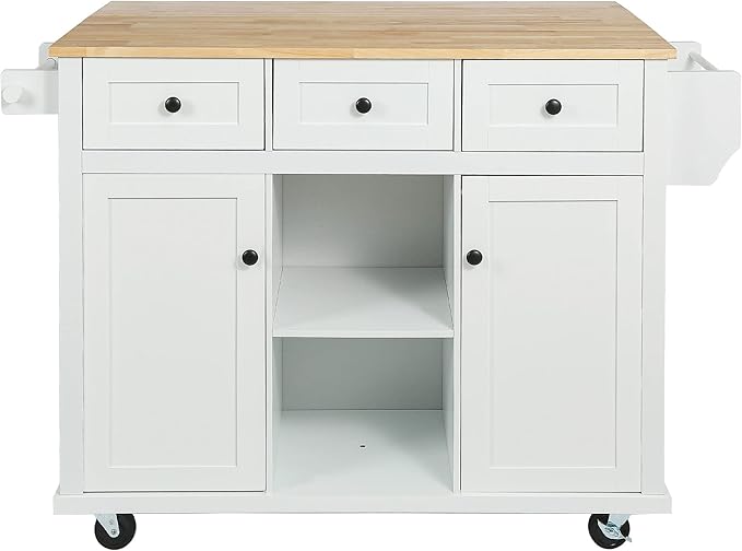 Mobile Kitchen Island with Drop Leaf, Rolling Kitchen Cart on 5 Wheels with Rubberwood Top, Storage Cabinet with 3 Storage Compartment, Spice and Towel Racks for Dining Room