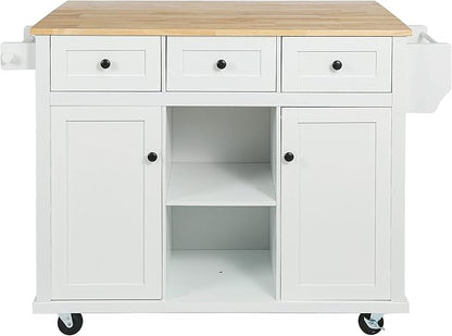 Mobile Kitchen Island with Drop Leaf, Rolling Kitchen Cart on 5 Wheels with Rubberwood Top, Storage Cabinet with 3 Storage Compartment, Spice and Towel Racks for Dining Room