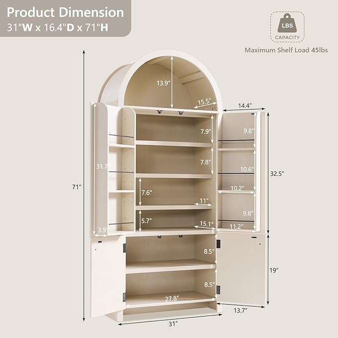 IFBUY 71" Tall Arched Bathroom Storage Cabinet, Modern Fluted Storage Cabinet w/Doors, 3 Adjustable Shelves, 6 Door Shelves, Wood Freestanding Cabinet for Bathroom, Entryway, Hallway, Cream