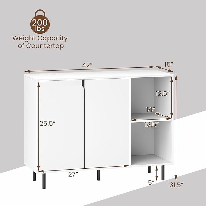 LOKO Kitchen Buffet Cabinet with Storage, Modern Storage Island with Adjustable Shelves, 2 Doors, Sturdy Metal Legs, Coffee Bar Cabinet, Perfect for Living Room, White