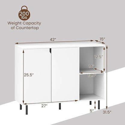 LOKO Kitchen Buffet Cabinet with Storage, Modern Storage Island with Adjustable Shelves, 2 Doors, Sturdy Metal Legs, Coffee Bar Cabinet, Perfect for Living Room, White