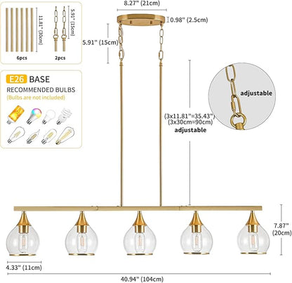 Island Light for Kitchen, 5-Light Gold Kitchen Island Linear Hanging Light Chandeliers, Brushed Gold Dining Room Light Fixture Over Table with Clear Round Glass Shades