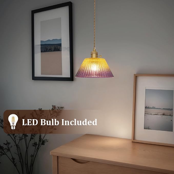 Glass Hanging Lamp Plug in Pendant Light Fixtures, Gold Pink Glass Vintage Pendant Lights Kitchen Island Dining Room Bedroom Living Room, LED Bulb Included