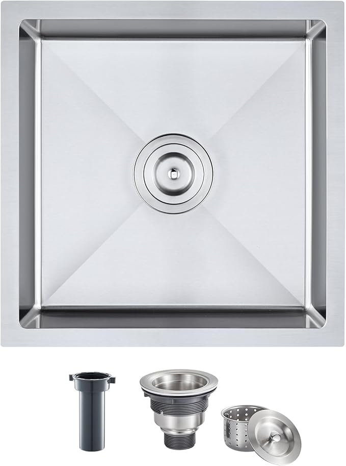 MENATT 18 inch Undermount Kitchen Sink, Brushed Stainless Steel Handmade Single Bowl Bar Sink 6inch Deep Basin Bowl, D18"xW18xH6"