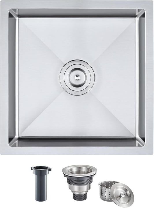 MENATT 18 inch Undermount Kitchen Sink, Brushed Stainless Steel Handmade Single Bowl Bar Sink 6inch Deep Basin Bowl, D18"xW18xH6"