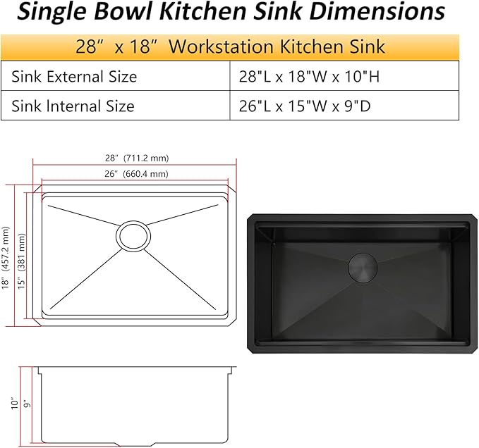 Black Undermount Kitchen Sink, 16 Gauge T-304S Stainless Steel Single Bowl Workstation Sinks with Full Set Accessories, 28" x 18" x 10" Handmade Deep Kitchen Sink