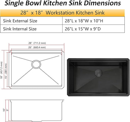 Black Undermount Kitchen Sink, 16 Gauge T-304S Stainless Steel Single Bowl Workstation Sinks with Full Set Accessories, 28" x 18" x 10" Handmade Deep Kitchen Sink